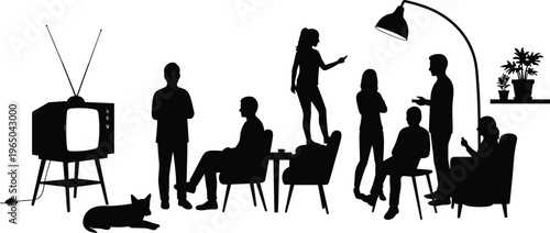 Family and friends gathering at home, silhouette illustration, people talking, relaxing, watching television, social interaction, domestic life, indoor leisure time