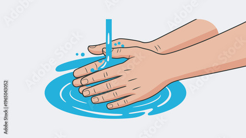 A simple and clean line art illustration depicting two hands being washed under a stream of water, creating ripples, emphasizing personal hygiene and the importance of cleanliness and health.