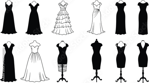Fashion dress design collection, black and white gown sketches, stylish mannequin display, elegant clothing illustration, garment concept art, couture