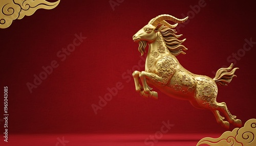 2027 new year with copy space for text, a dynamic pose against a vibrant red background. luxury red and gold chinese horse new year background, The goat is adorned with intricate golden patterns. 