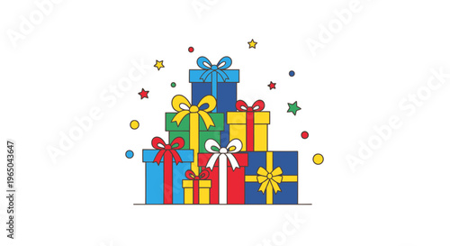 Gifts Colorful Stacked Boxes with Festive Bows and Scattered Confetti