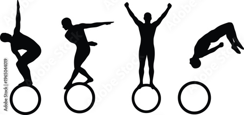 Unicycle athlete silhouette set, circus balance performance poses, acrobat tricks collection, extreme sport figures, black vector illustration isolated design