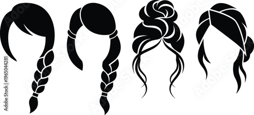 Women hairstyle silhouette set, braided ponytail bun and short haircuts collection, female beauty fashion icons, black vector illustration design