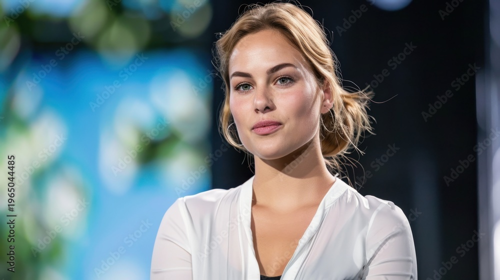 Obraz premium Confident Young Woman with Natural Beauty Posing Elegantly Against a Blurred Background in Soft Lighting