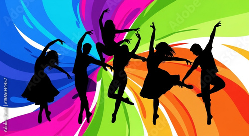 Silhouettes of six people dancing on a vibrant rainbow background with swirling colors and dynamic movements
