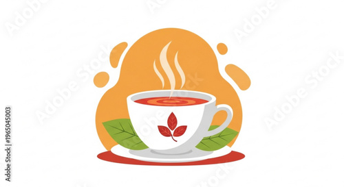 Steaming hot tea cup with red leaves on a saucer surrounded by green leaves and orange abstract shapes