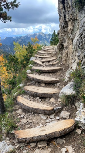 A Steep Rocky Path with Wooden Steps Ascends Between Craggy Cliffs Overlooking a Mountainous Landscape Under a Cloudy Sky