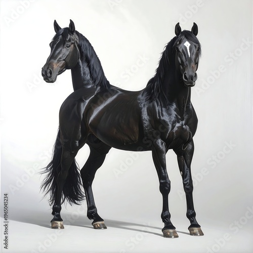 Two shiny black horses stand side by side on a white background