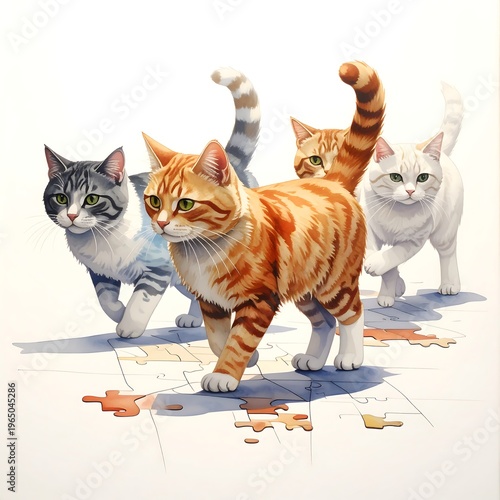Three cats walking on a puzzle