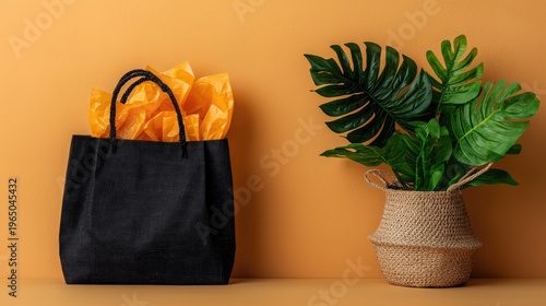 A Textured Black Gift Bag Filled With Bright Orange Tissue Paper Sits Next To A Woven Basket Containing Lush Green Tropical Leaves Against A Warm Ocher Textured Wall Studio Lighting Highlights The