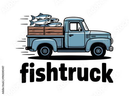 A cartoon illustration of a blue truck carrying fish in its wooden bed with the word fishtruck underneath