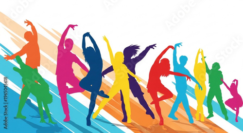 Vibrant dancers in various yoga poses with colorful silhouettes on abstract background