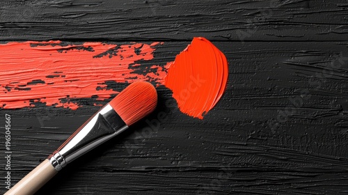 A Vibrant Coral Paint Stroke Across a Textured Dark Wood Surface with a Paintbrush Detailed Bristles and Reflective Grains Creating an Artistic Abstract Background