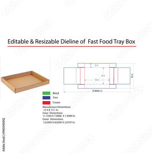 Fast food tray box dieline template with dimensions and fold lines
