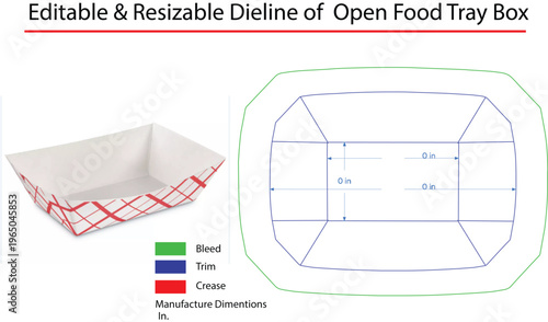 Dieline template of open paper food tray with red plaid pattern