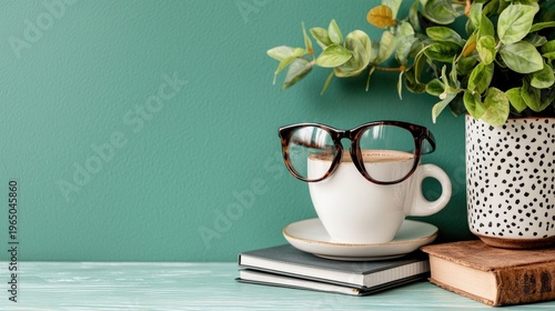 A White Coffee Cup with Tortoiseshell Glasses Sits on a Stack of Books Beside a Potted Plant with Green Leaves on a Teal Wall Background