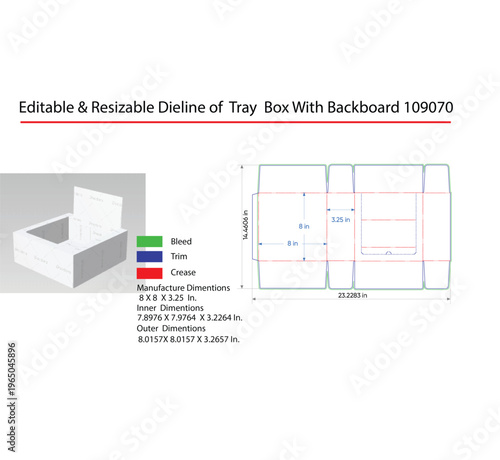 Tray box dieline with backboard and technical dimensions
