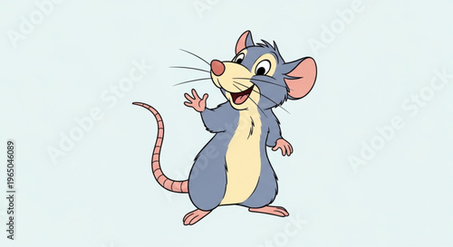 Smiling cartoon mouse standing on hind legs with one hand raised in greeting on light blue background