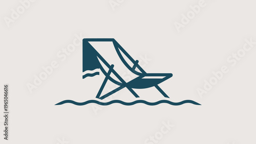 A minimalist dark blue icon depicting a beach chair placed in gentle waves, symbolizing relaxation, vacation, and seaside leisure activities in a simplistic graphic style.