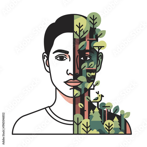 Human Face Merging with Forest Ecosystem, Nature Harmony Concept