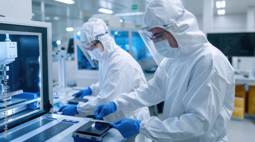 Fototapeta premium Scientists in Protective Gear Conducting Research in Cleanroom Laboratory Environment with High-Tech Equipment and Tools
