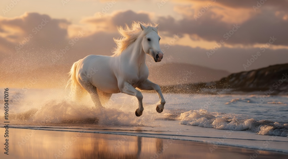 Fototapeta premium A majestic white horse galloping along a scenic beach at sunset, capturing the essence of freedom and beauty.