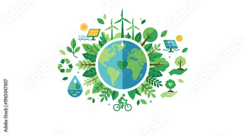 Vibrant eco-friendly sustainability concept illustration. Showcasing global environmental protection, renewable energy, and green living for a healthier planet Earth