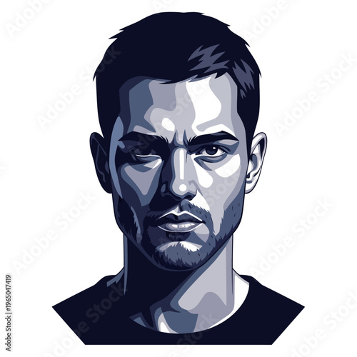 Modern Man Portrait Illustration - Handsome Male Face, Serious Expression, Dark Tones