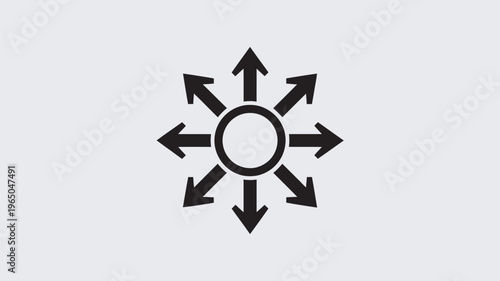 A bold black icon featuring a central circle with eight arrows radiating outwards in all directions, representing expansion, dispersion, or a multitude of possibilities.