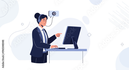 Customer service agent with headset and computer, online support, remote work, call center