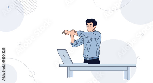 Man stretching arms at office desk with laptop, healthy work lifestyle concept
