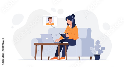 Woman working from home on laptop, video call with colleague, online learning, remote work concept