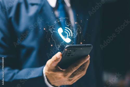 Mobile communication technology concept with smartphone and global connection icon, representing online calling, digital communication, network connectivity and modern business communication tools.