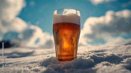 A refreshing glass of beer standing on snow with a clear blue sky in the background, perfect for winter enjoyment.