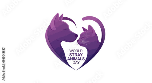 Vector illustration of a purple heart-shaped design featuring a dog and cat for World Stray Animals Day, promoting animal welfare and awareness with a compassionate mood.