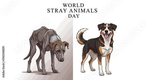 Illustrations of stray dogs on World Stray Animals Day, promoting awareness and protection for homeless animals with a focus on animal welfare and rescue.