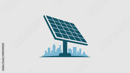 An innovative illustration showcasing a large solar panel above a stylized cityscape, symbolizing renewable energy, urban sustainability, and green technology solutions.