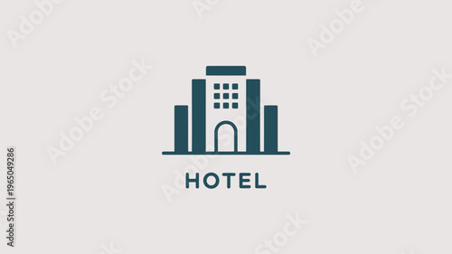 A minimalist dark blue icon featuring a modern hotel building silhouette with "HOTEL" displayed beneath, representing hospitality and accommodation services.