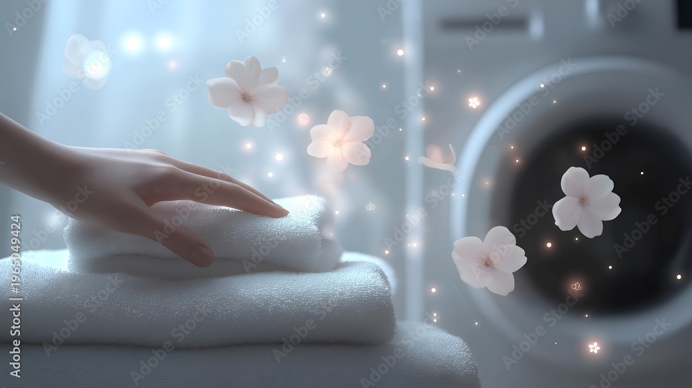 Fototapeta premium A serene moment capturing freshly folded towels with soft petals and gentle light, perfect for wellness themes.