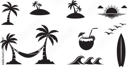 Set of beach and summer icons with palm trees, hammock, surfboard and waves