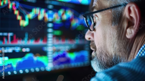 Close-Up of Senior Trader Analyzing Stock Market Trends on Multiple Monitors in Modern Office Setting