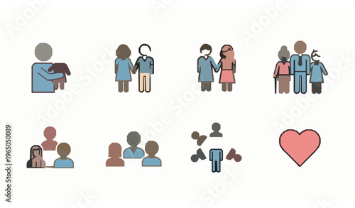 Minimalist family and people vector icons set with love and connection symbols for web and app design