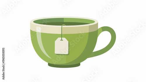 A charming flat design illustration of a vibrant green cup of hot tea with a tea bag steeped inside, conveying warmth, relaxation, and healthy options.