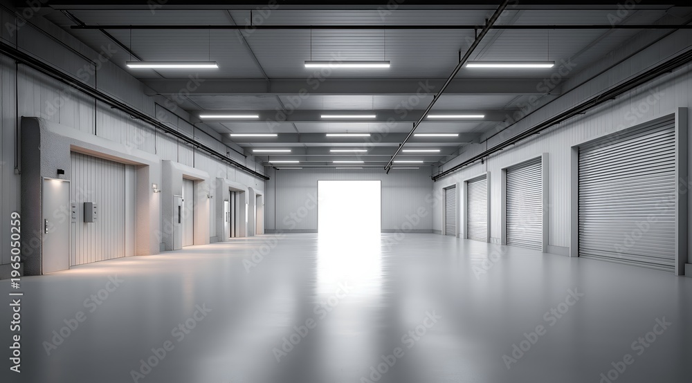 Obraz premium A spacious, modern industrial hall with large overhead doors and bright, minimalist design, perfect for various uses.