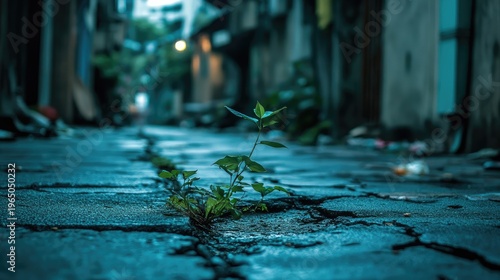 Resilience of Life: A Plant Emerges from Concrete Cracks in Urban Alley