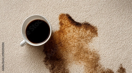 A spilled cup of coffee on a carpet, showcasing the stain's texture and color, representing everyday life mishaps.