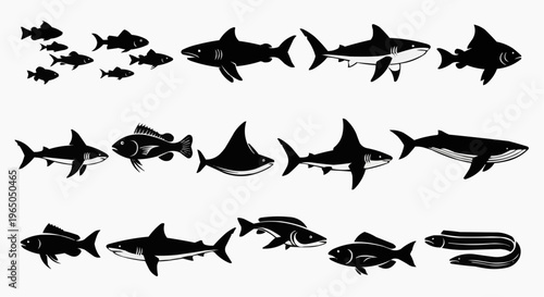 Black vector silhouettes of animals in sea and wildlife set