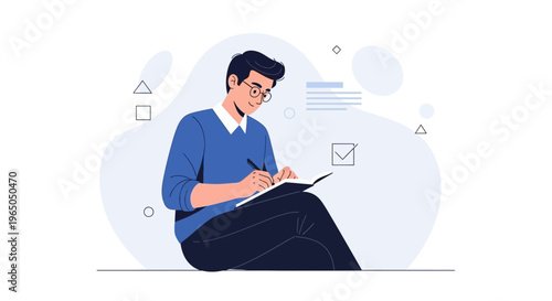 Man writing in notebook, focused on task, modern flat illustration