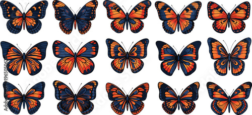 Grid of fifteen stylized butterfly illustrations in orange, red, and dark blue tones—ideal for entomology visuals, nature art, and decorative design projects.