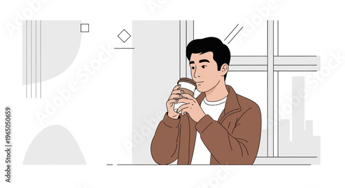 Man drinking coffee by the window, modern minimalist illustration